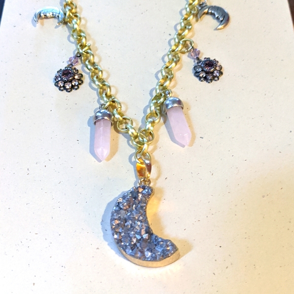 Moon Phase Druzy & Rose Quartz Necklace - Picture 5 of 10